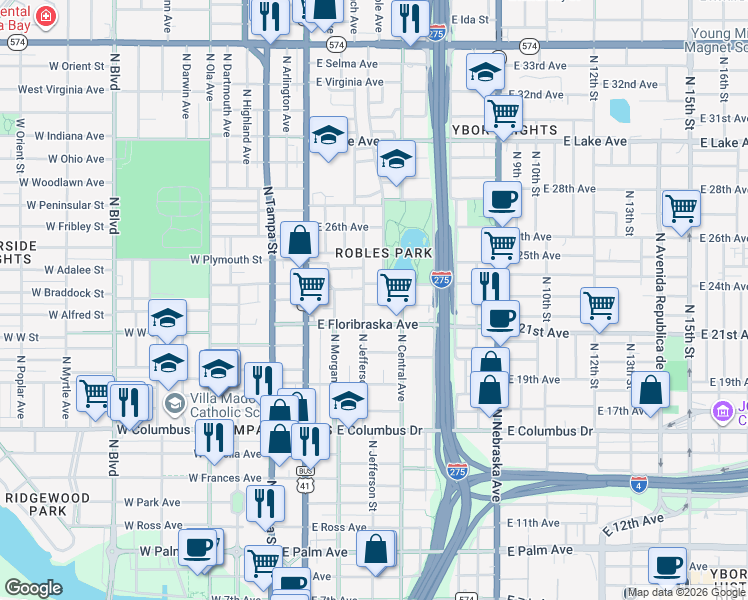 map of restaurants, bars, coffee shops, grocery stores, and more near 404 East Hugh Street in Tampa