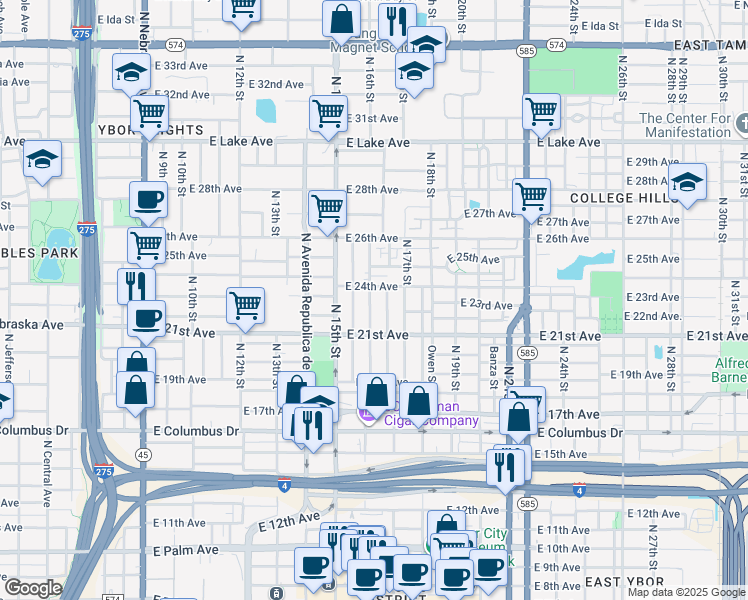 map of restaurants, bars, coffee shops, grocery stores, and more near 3105 North 16th Street in Tampa