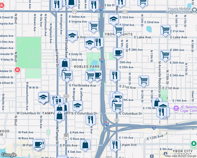 map of restaurants, bars, coffee shops, grocery stores, and more near 514 East Hugh Street in Tampa