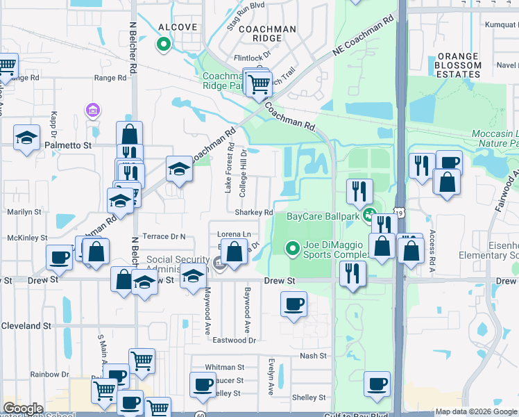 map of restaurants, bars, coffee shops, grocery stores, and more near 615 Ruskin Road in Clearwater