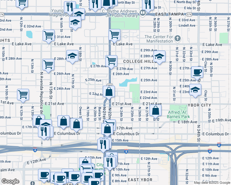 map of restaurants, bars, coffee shops, grocery stores, and more near 2209 East 23rd Avenue in Tampa