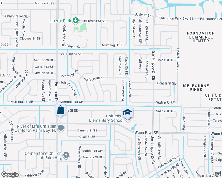 map of restaurants, bars, coffee shops, grocery stores, and more near 1111 Yager Road Southeast in Palm Bay