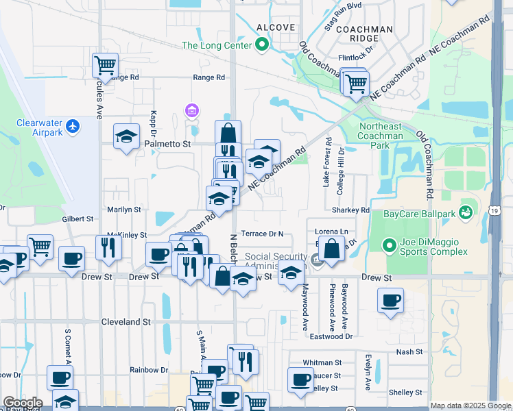 map of restaurants, bars, coffee shops, grocery stores, and more near 2230 Sharkey Road in Clearwater