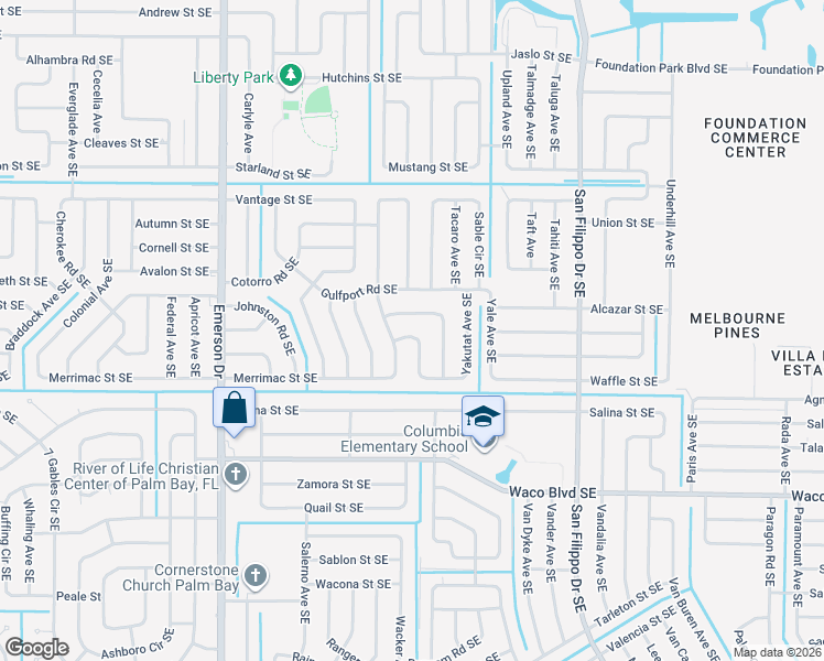map of restaurants, bars, coffee shops, grocery stores, and more near 1111 Yager Road Southeast in Palm Bay