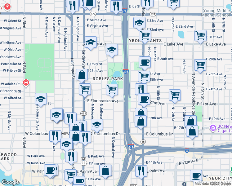 map of restaurants, bars, coffee shops, grocery stores, and more near 504 East Hugh Street in Tampa