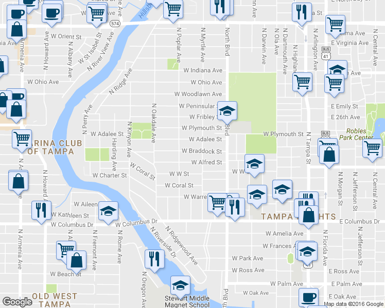 map of restaurants, bars, coffee shops, grocery stores, and more near 810 West Braddock Street in Tampa