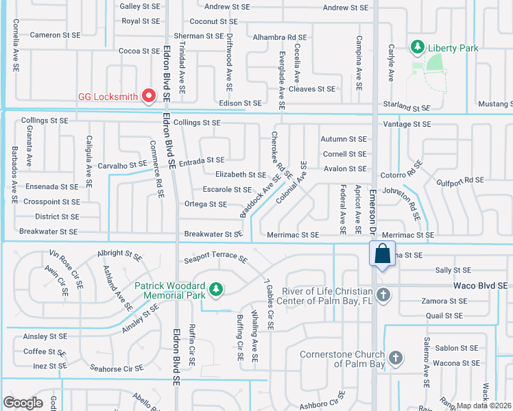 map of restaurants, bars, coffee shops, grocery stores, and more near 1099 Braddock Avenue Southeast in Palm Bay