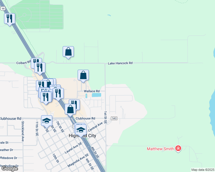 map of restaurants, bars, coffee shops, grocery stores, and more near 5120 1st Street Southeast in Highland City