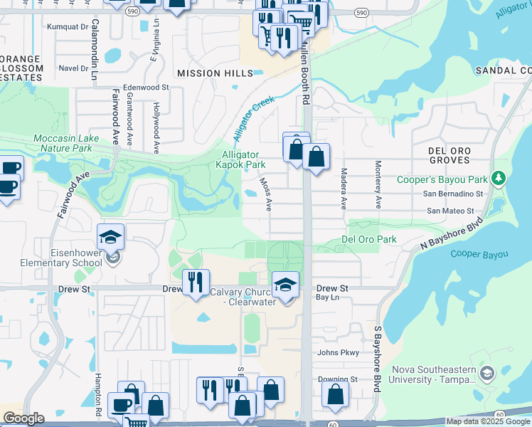 map of restaurants, bars, coffee shops, grocery stores, and more near 600 Moss Avenue in Clearwater