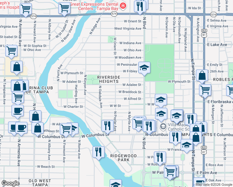 map of restaurants, bars, coffee shops, grocery stores, and more near 822 West Braddock Street in Tampa