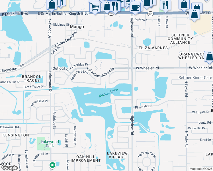 map of restaurants, bars, coffee shops, grocery stores, and more near 1222 Vinetree Drive in Brandon