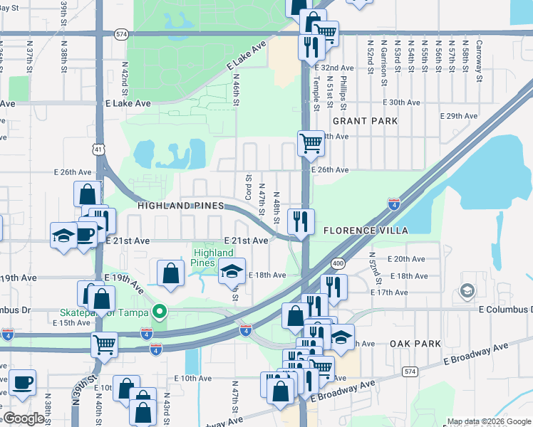 map of restaurants, bars, coffee shops, grocery stores, and more near 3207 North 47th Street in Tampa