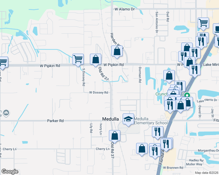 map of restaurants, bars, coffee shops, grocery stores, and more near 5135 Old Road 37 in Lakeland