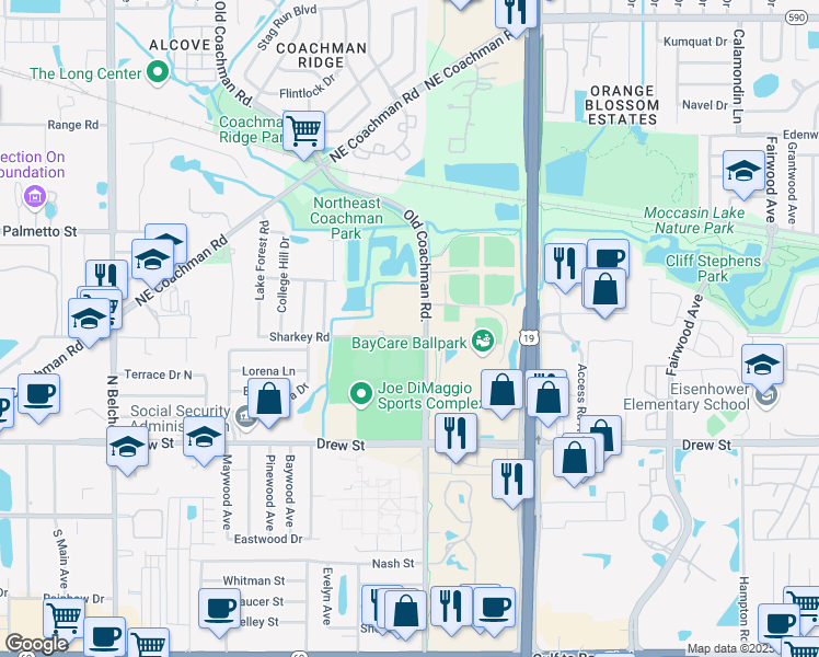 map of restaurants, bars, coffee shops, grocery stores, and more near 602 Old Coachman Road in Clearwater