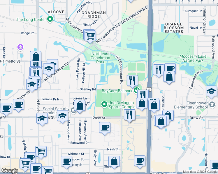 map of restaurants, bars, coffee shops, grocery stores, and more near 2470 Sharkey Road in Clearwater