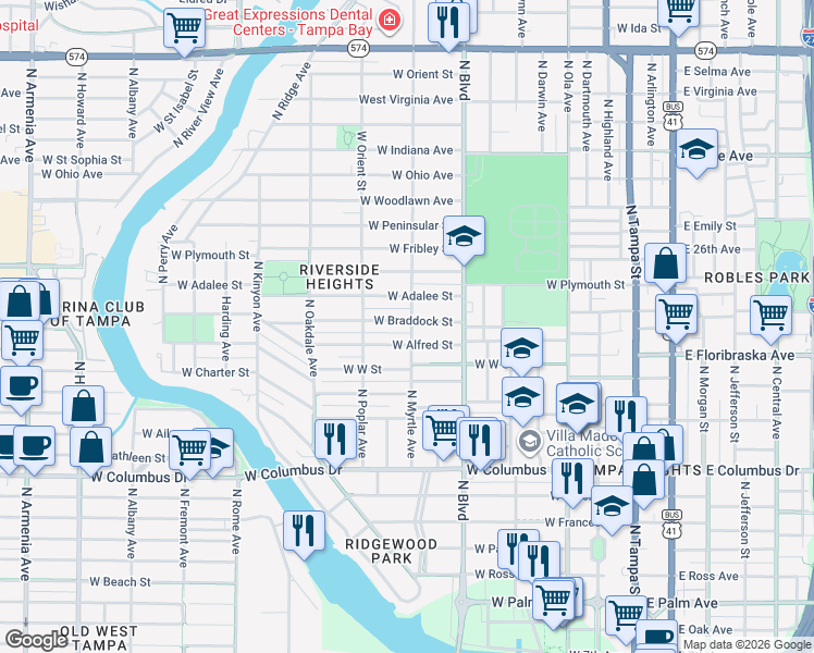 map of restaurants, bars, coffee shops, grocery stores, and more near 800 West Braddock Street in Tampa