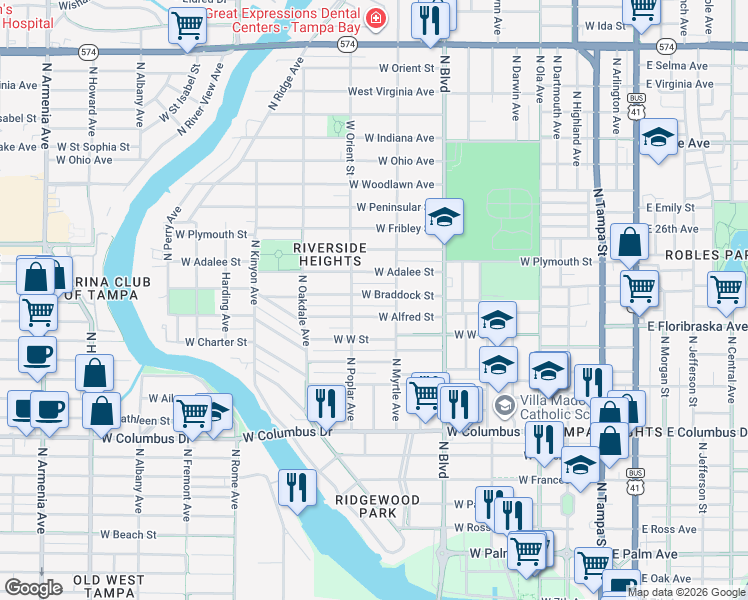 map of restaurants, bars, coffee shops, grocery stores, and more near 810 West Braddock Street in Tampa