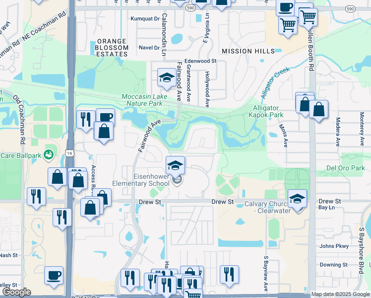 map of restaurants, bars, coffee shops, grocery stores, and more near 101 Brigadoon Drive in Clearwater