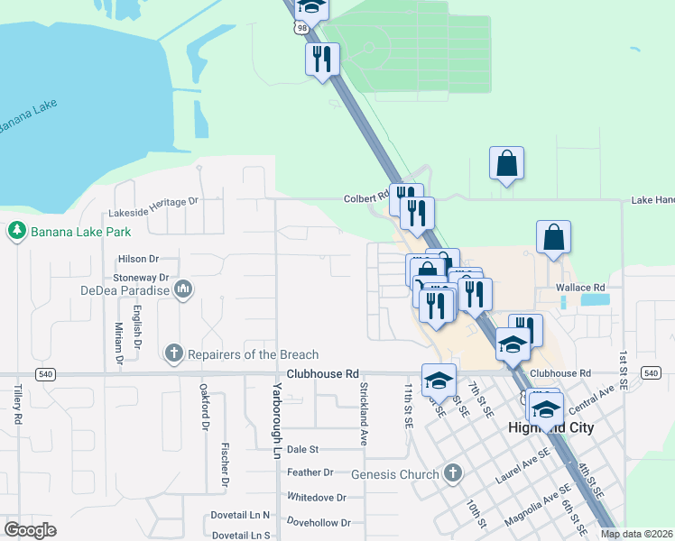 map of restaurants, bars, coffee shops, grocery stores, and more near 3526 Crestwood Court in Lakeland
