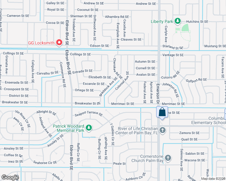 map of restaurants, bars, coffee shops, grocery stores, and more near 1070 Colonial Avenue Southeast in Palm Bay