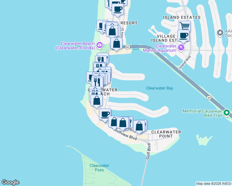 map of restaurants, bars, coffee shops, grocery stores, and more near 120 Brightwater Drive in Clearwater