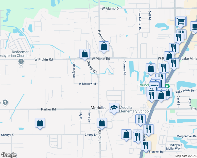 map of restaurants, bars, coffee shops, grocery stores, and more near 5135 Old Road 37 in Lakeland