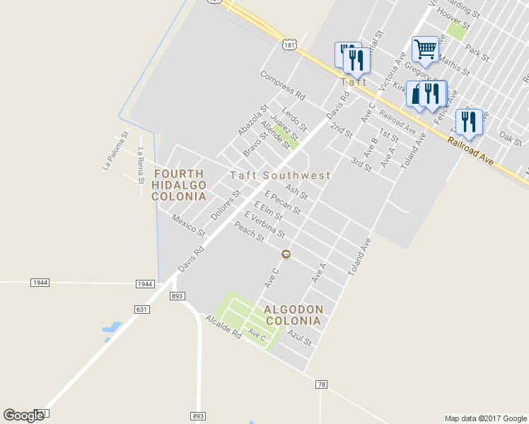 map of restaurants, bars, coffee shops, grocery stores, and more near 131 East Elm Street in Taft