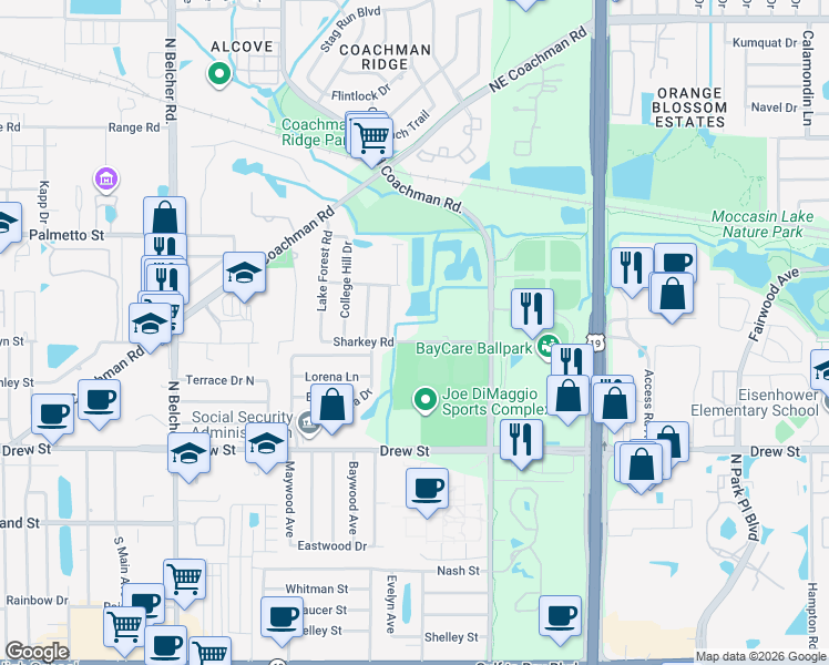 map of restaurants, bars, coffee shops, grocery stores, and more near 2432 Sharkey Road in Clearwater