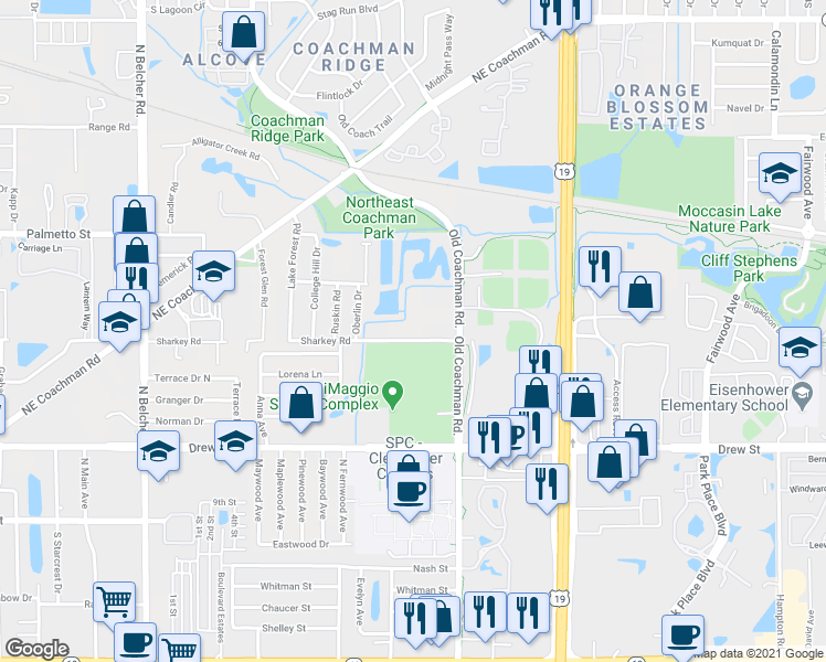 map of restaurants, bars, coffee shops, grocery stores, and more near 2454 Sharkey Road in Clearwater