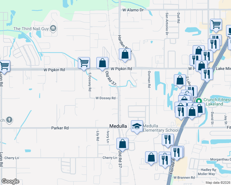 map of restaurants, bars, coffee shops, grocery stores, and more near 5135 Old Road 37 in Lakeland