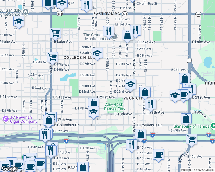 map of restaurants, bars, coffee shops, grocery stores, and more near 3000 East 23rd Avenue in Tampa