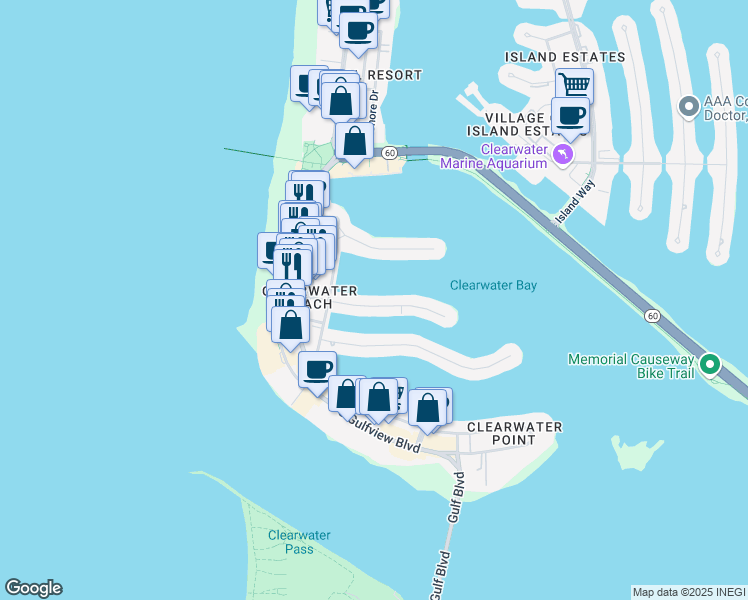 map of restaurants, bars, coffee shops, grocery stores, and more near 140 Brightwater Drive in Clearwater