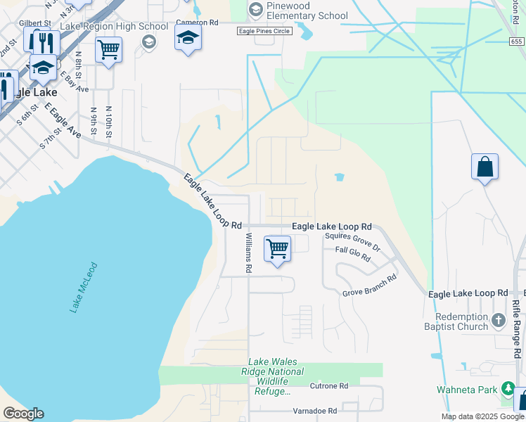map of restaurants, bars, coffee shops, grocery stores, and more near 104 Howard Street in Eagle Lake