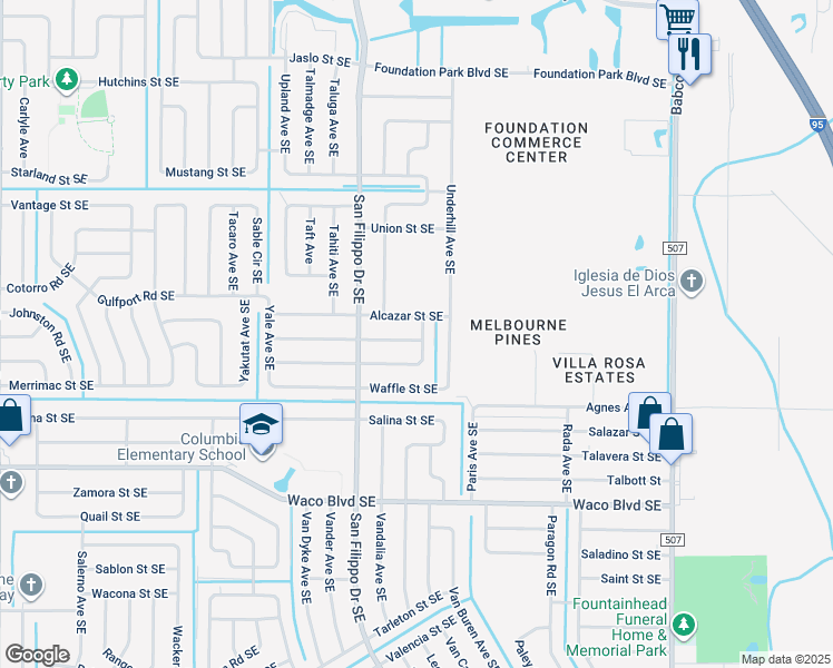 map of restaurants, bars, coffee shops, grocery stores, and more near 1397 Wade Street Southeast in Palm Bay