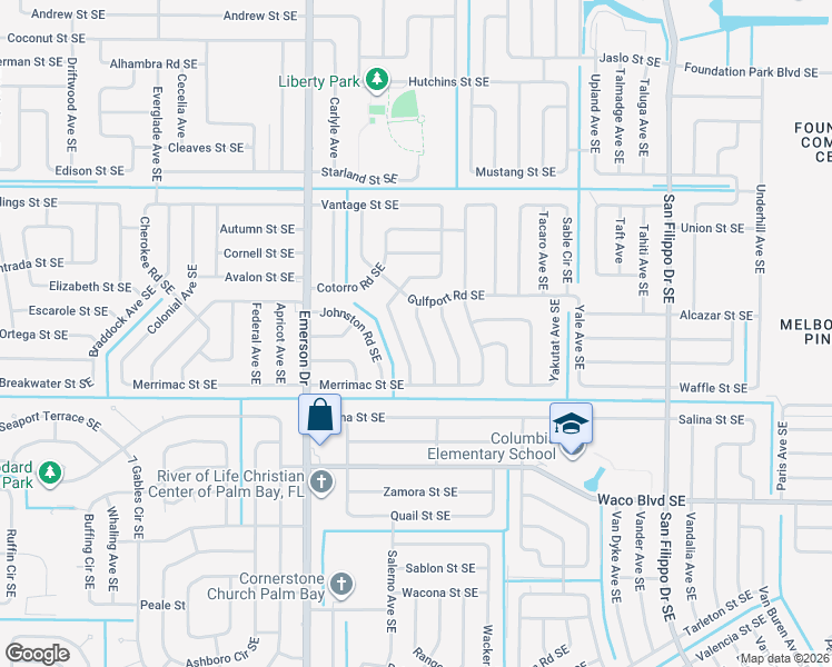 map of restaurants, bars, coffee shops, grocery stores, and more near 1072 Arkansas Avenue Southeast in Palm Bay