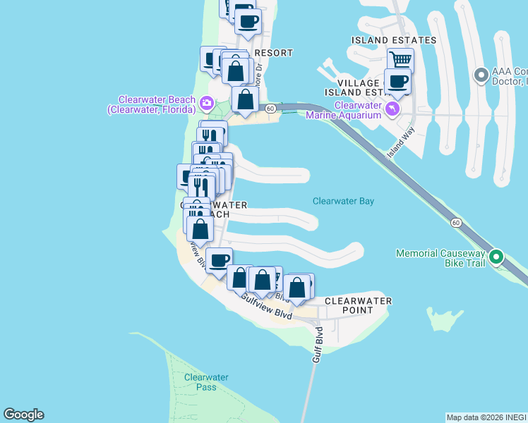 map of restaurants, bars, coffee shops, grocery stores, and more near 140 Brightwater Drive in Clearwater