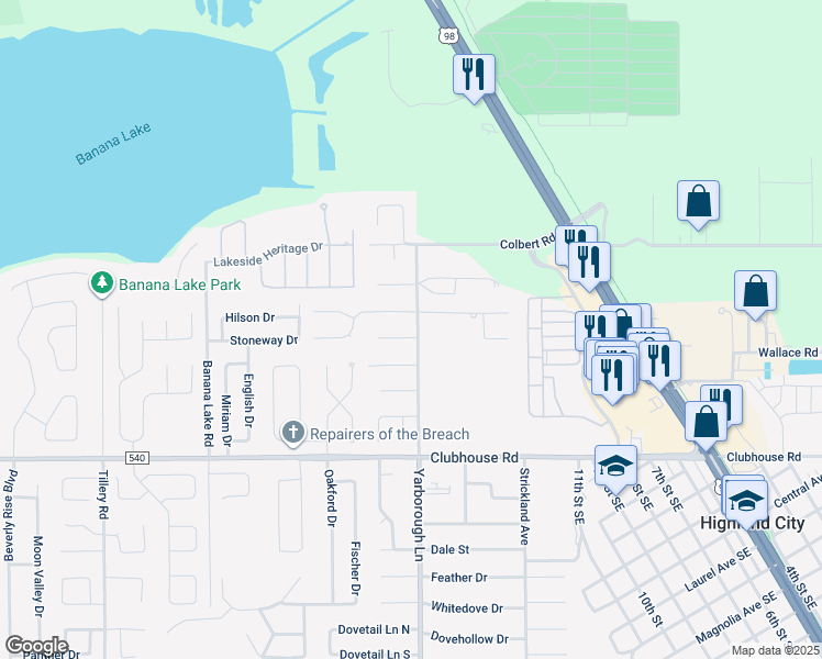 map of restaurants, bars, coffee shops, grocery stores, and more near 5139 Colbert Road in Lakeland