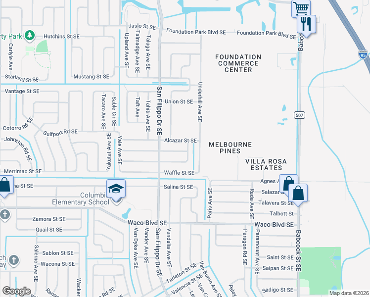 map of restaurants, bars, coffee shops, grocery stores, and more near 1397 Wade Street Southeast in Palm Bay