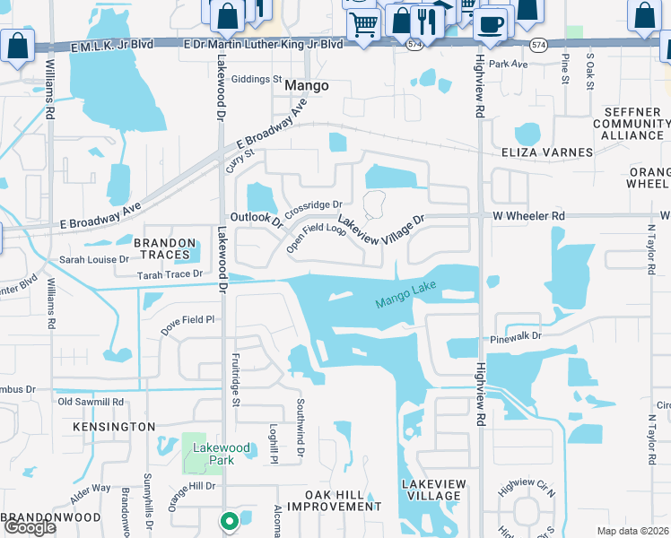 map of restaurants, bars, coffee shops, grocery stores, and more near 1744 Open Field Loop in Brandon