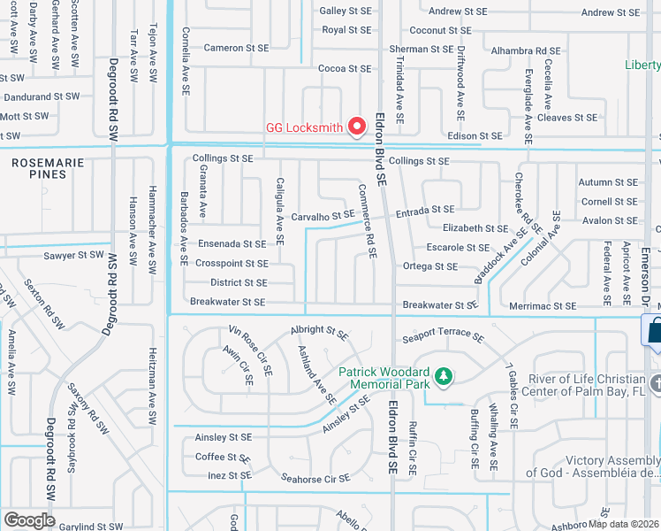 map of restaurants, bars, coffee shops, grocery stores, and more near 1090 Flintlock Avenue Southeast in Palm Bay