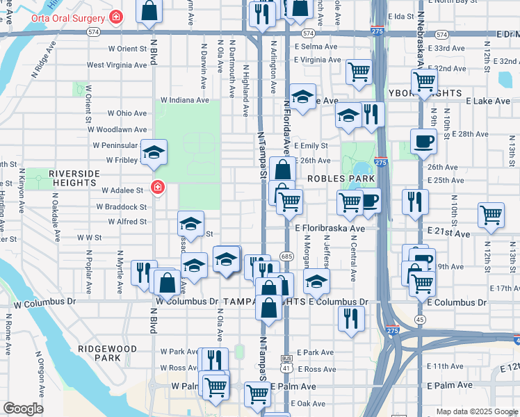 map of restaurants, bars, coffee shops, grocery stores, and more near 3014 North Tampa Street in Tampa