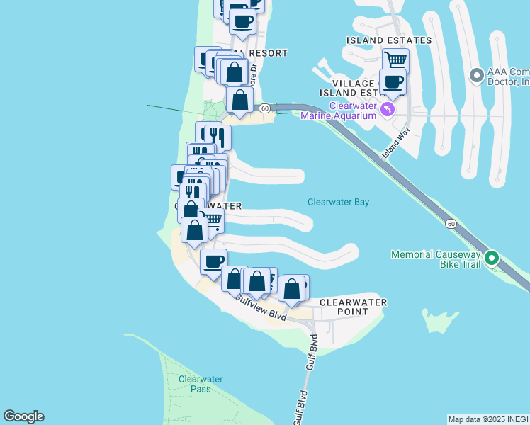 map of restaurants, bars, coffee shops, grocery stores, and more near 140 Brightwater Drive in Clearwater