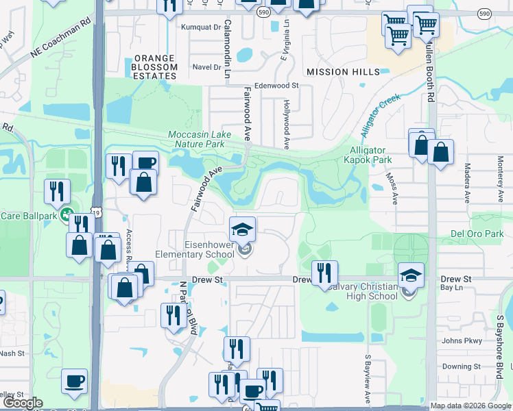 map of restaurants, bars, coffee shops, grocery stores, and more near 103 Brigadoon Drive in Clearwater