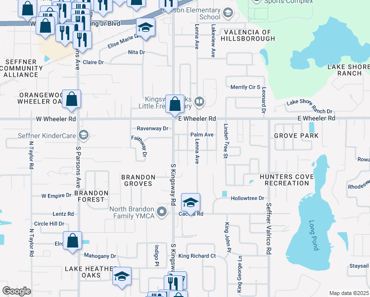 map of restaurants, bars, coffee shops, grocery stores, and more near 2517 Giddens Avenue in Seffner