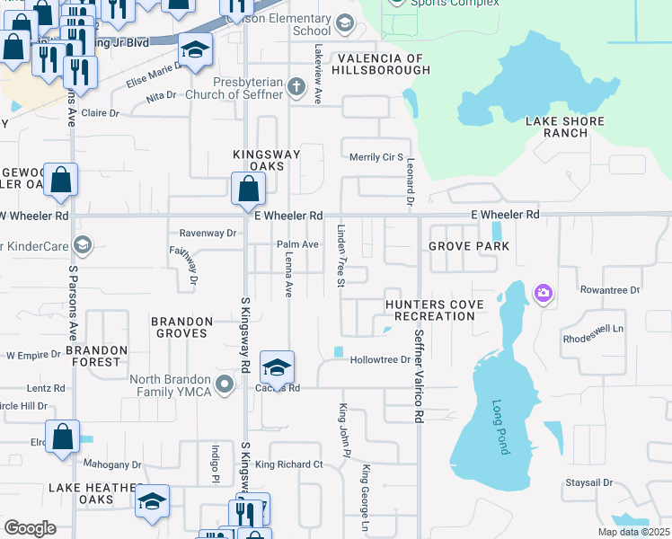 map of restaurants, bars, coffee shops, grocery stores, and more near 2603 Linden Tree Street in Seffner