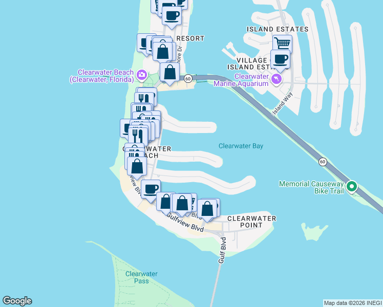map of restaurants, bars, coffee shops, grocery stores, and more near 158 Brightwater Drive in Clearwater