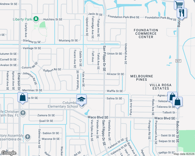 map of restaurants, bars, coffee shops, grocery stores, and more near 1271 Wade Street Southeast in Palm Bay