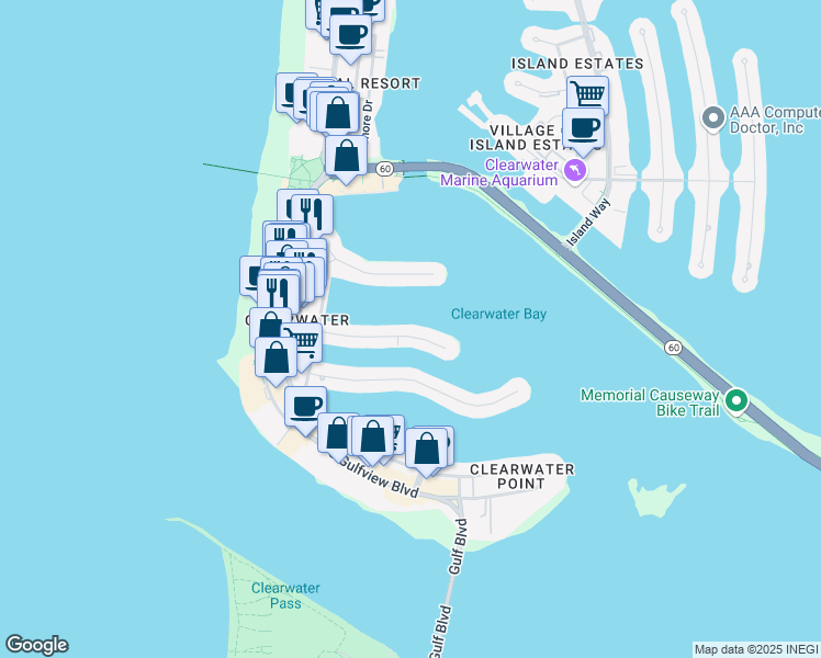 map of restaurants, bars, coffee shops, grocery stores, and more near 176 Brightwater Drive in Clearwater