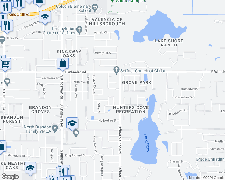 map of restaurants, bars, coffee shops, grocery stores, and more near 2519 Wheeler Groves Drive in Seffner