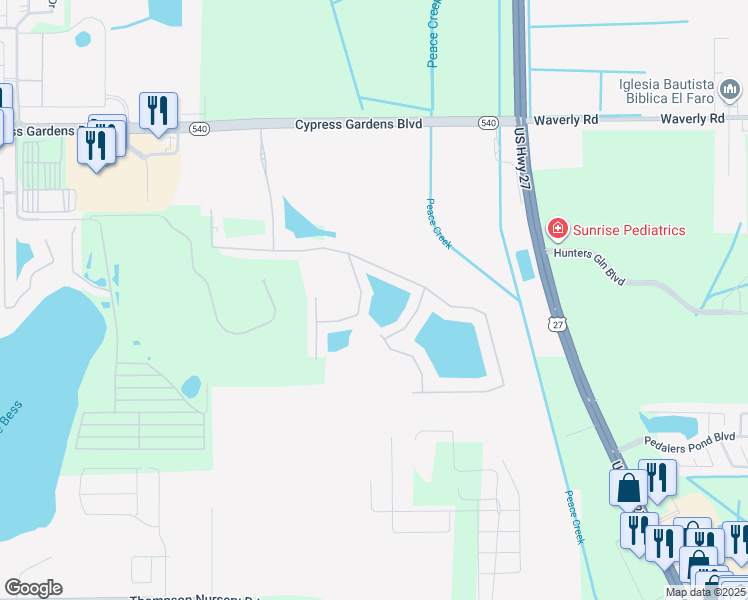 map of restaurants, bars, coffee shops, grocery stores, and more near 9074 Thomasville Drive in Winter Haven